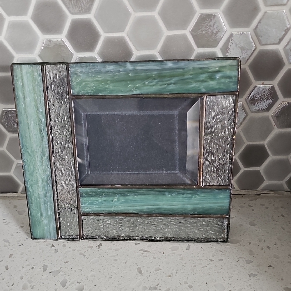 Vintage J. Devlin Stained Glass Jade Green and Silver Tone Metal Photo Frame